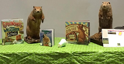 Mounted groundhogs with books and calendar