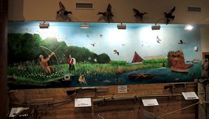 Wall mural of duck hunting with ducks above and shotguns below