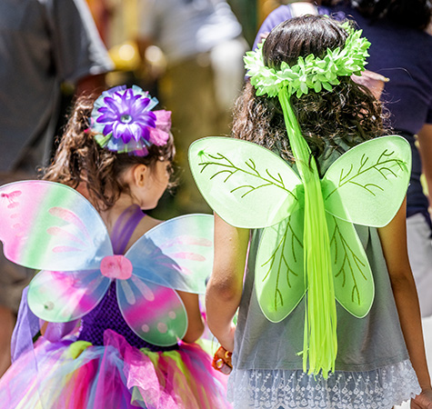 Two girls dressed in colorful faerie costumes